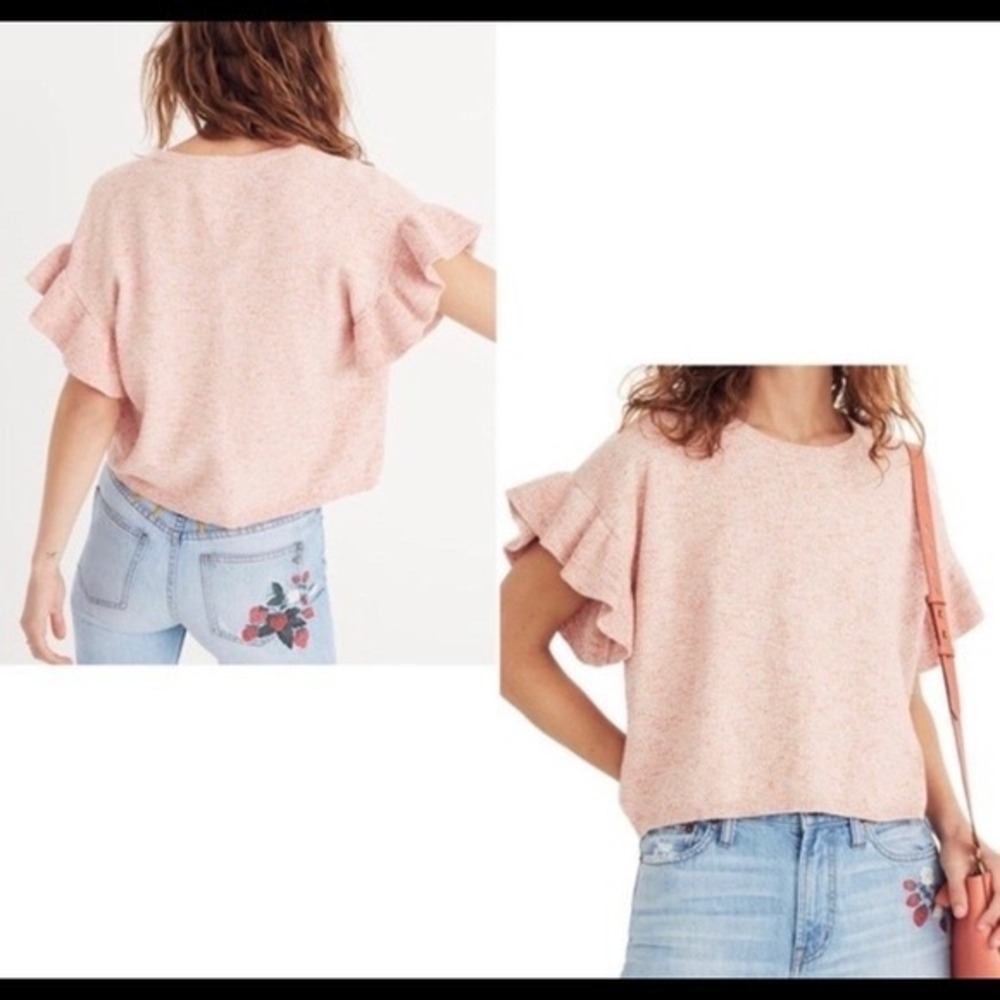 Madewell‎ Womens M Pink Heathered Cotton Ruffle Sleeve Top Casual Tee